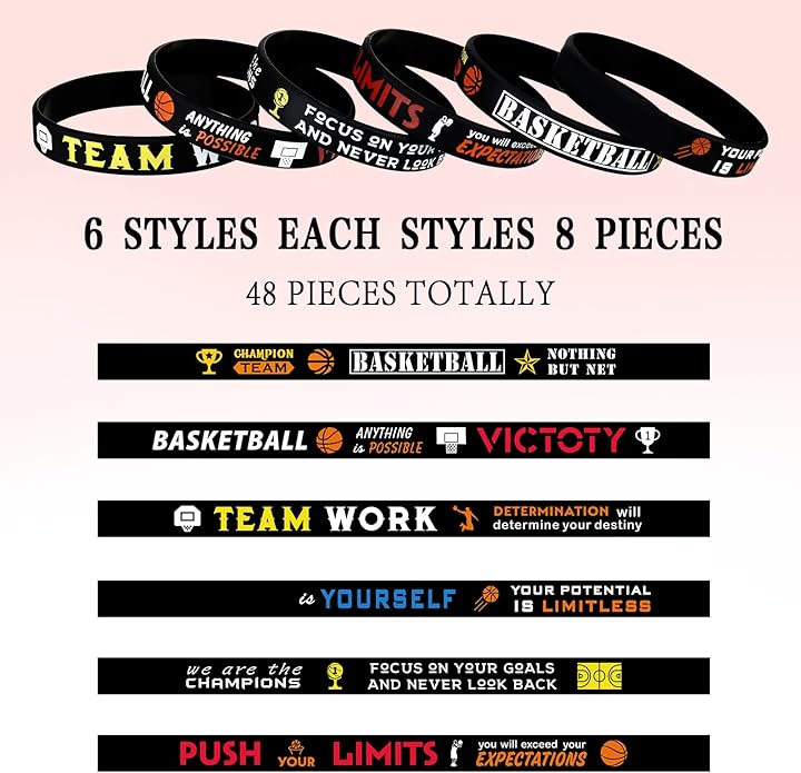Zhanmai 48 Pieces Basketball Bracelets Silicone Motivational Wristbands, Silicone Inspirational Bracelets Basketball Party Favors for Men Women Sports Birthday Sports Themed Class of 2025 Gifts Party