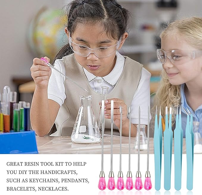 11 Pcs Silicone Resin Mold Tools Set Stirring Needle Spoon Tool Tweezers Precision Kit, Anti-Static Electronics Tweezers Set for Resin Art Crafts,Jewelry Making,DIY Epoxy Casting Molds-Rose Red & Cyan