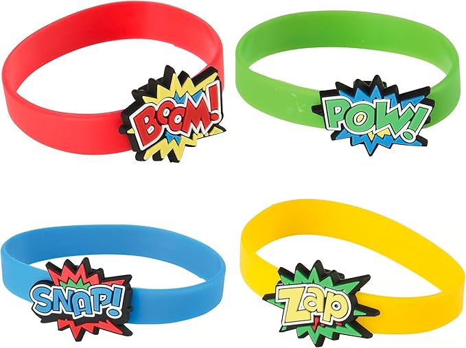 Superhero Stretchy Rubber Bracelets 24 Pack (6") Colorful Wristbands with Comic Super Hero Action Sayings Snap! Pow! Boom! Zap. Great for Birthday, Party Favors (Superhero Bracelets, 24)