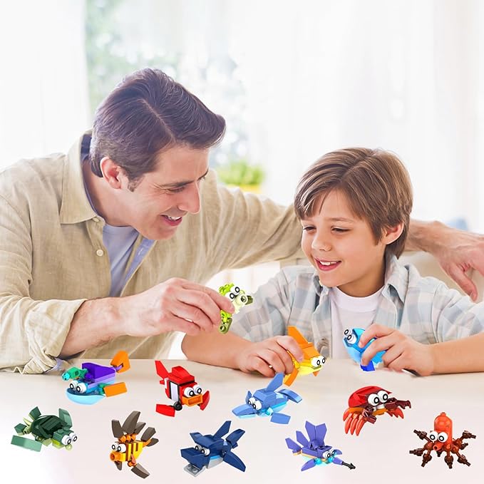 12 In 1 Pre Filled Sea Creatures Building Block Set-12 Pcs Mini Building Blocks Toys, STEM Building Blocks Toys, Classroom Prize Toys, Party Favor for Kids,Birthday,Goodie Bags,Carnival Prizes