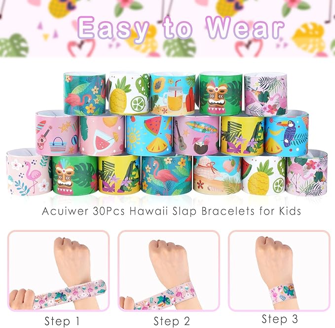 Viicoor 30 PCS Slap Bracelets Pink Hawaii Snap Bracelet Wrisrtband for Party Favors Aloha Bag Filler School Prizes Gifts Party Favors Bulk (8-Hawaii-30PCS)