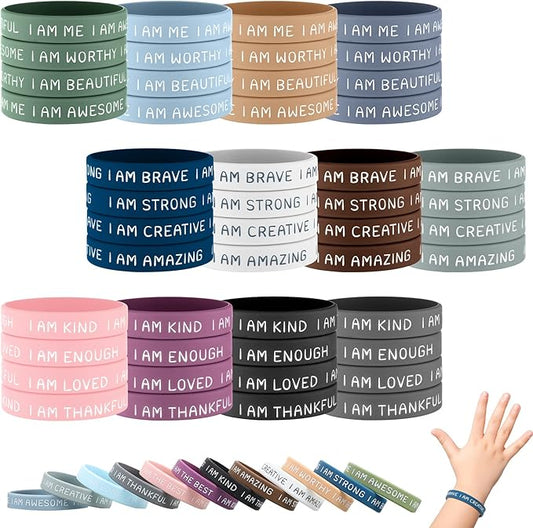 Sratte 48 Pcs Inspirational Silicone Wristbands Rubber Stretch Unisex Bracelets Student Gift Stocking Suffers for Class(Vibrant Color)