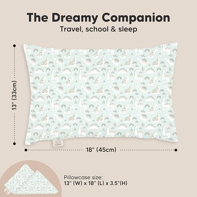 Toddler Pillow with Pillowcase - 13x18 My Little Dreamy Pillow, Organic Cotton Toddler Pillows for Sleeping, Kids Pillow, Travel Pillows, Mini Pillow, Nursery Pillow, Toddler Bed Pillow (DinoBloom)