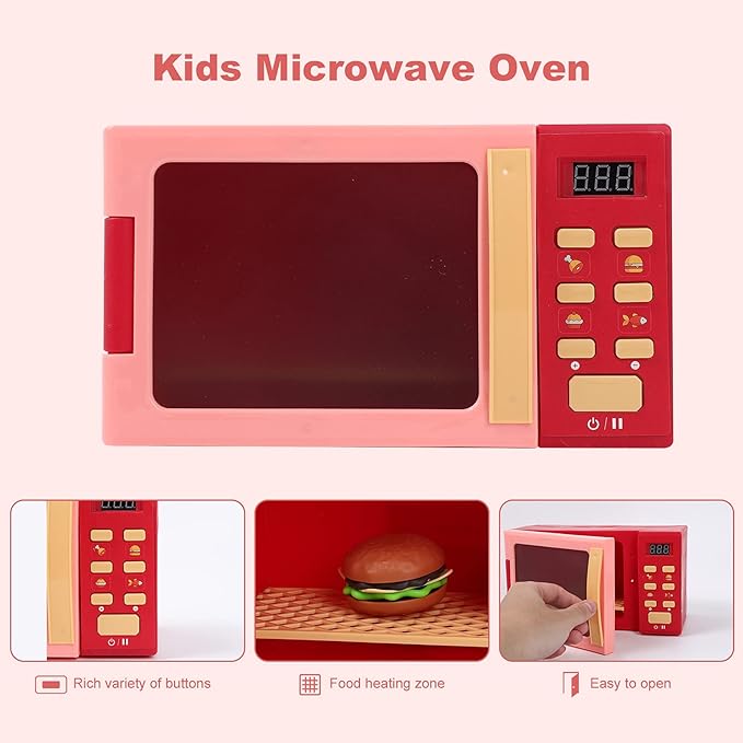 Toy Microwave Oven Playset with Light and Sound, Toy Kitchen Appliances for Kids, Play Kitchen Accessories and Toy Food for Toddlers 3 Year Old Up Girls Boys, Red