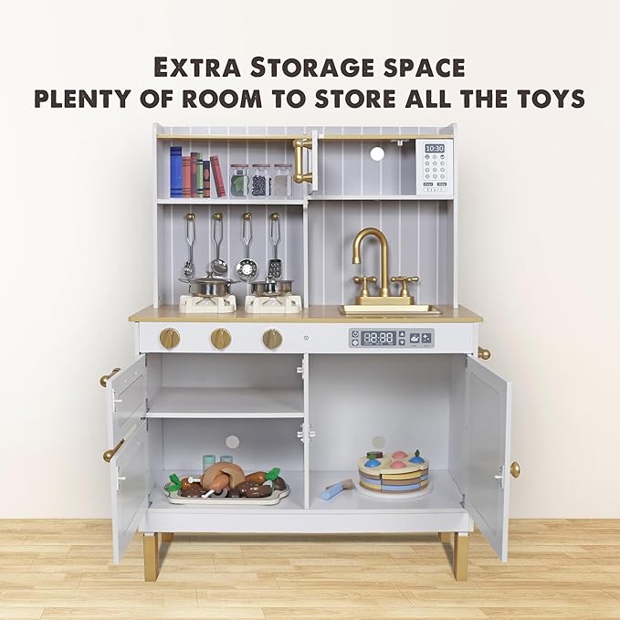 Wooden Toddlers Kitchens Playsets with 6pcs Cooking Kitchen Sets|Kids Play Kitchens with Cooking Pans,Pots,Stove&Sink|Mini Baby Kitchen Toys with Lights&Sounds for Kids Ages 1+Boys Girls…