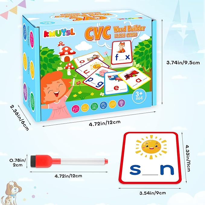 KMUYSL Learning Toys for 2 3 4 5 Years Olds Boys Girls, Short Vowel Spelling Flashcards, CVC Sight Words Handwriting Cards, Learn to Write Phonics Flash Cards, Presschool Educational Toy for Kids