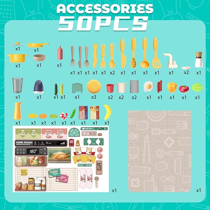 deAO Play Kitchen Set for Kids Boys 50PCS Play Kitchen Accessories with Sounds Light Steam Pretend Play Kitchen Toy Birthady Christams Gifts for Toddler Aged 2-12 Years