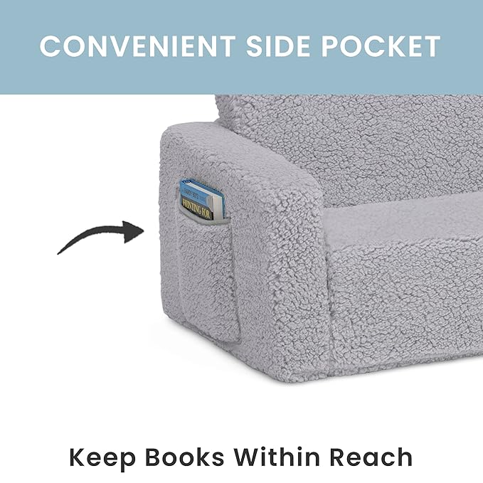 Delta Children Cozee Flip-Out Sherpa 2-in-1 Convertible Sofa to Lounger for Kids, Grey