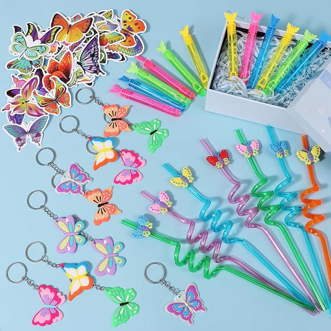 98 Butterfly Party Favors Fairy Birthday Party Supplies for Girls Kid Straw Bubble Wand Slap Bracelet Keychain Sticker Toy Gift Prize Goodie Bag Stuffer Butterfly Decorations Girl Party Favors