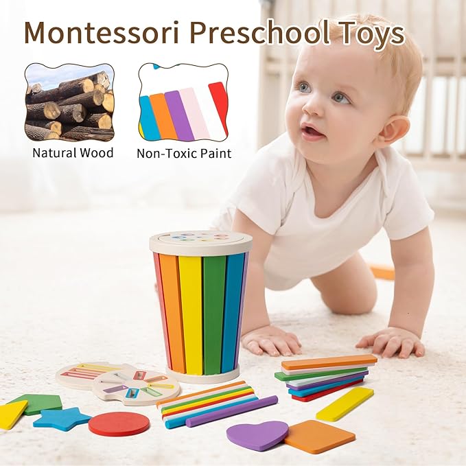 Montessori Toys for 1-3 Year Old, Wooden Color Sorting Learning Toys for Toddlers, Fine Motor Skills Toys for 2-3, Sensory Development Educational Matching Games, 18 Month Old Toys Baby Boys Girls