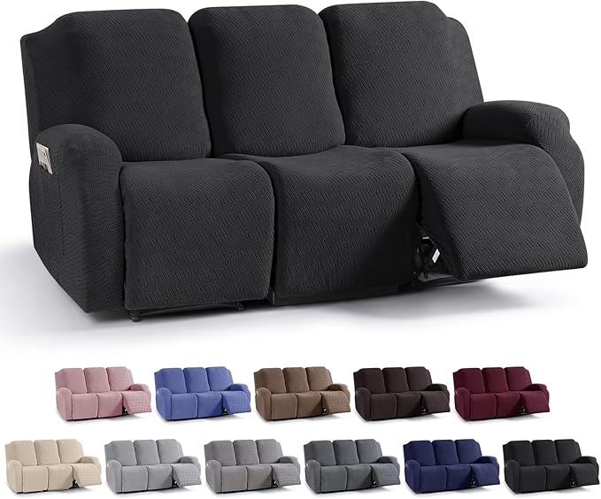 KinCam Recliner Covers, Stretch Reclining Chair Covers, Recliner Sofa Slipcovers Stripe Jacquard Recliner Couch Covers Furniture Protector Covers for Pet Kid (3 Seater, Black)