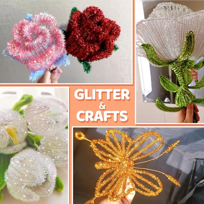 200pcs Pipe Cleaners, Pipe Cleaners for crafts, Craft Supplies Chenille Stems for Art&Craft Christmas DIY projects(12inch*6mm,Silver Glitter)