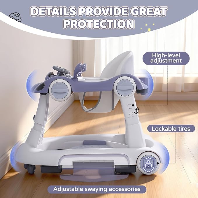 Baby Walker with Wheels, 5-in-1 Foldable Infant Toddler Walker for Boys Girls 6-18 Month, Music Walker for Baby with Car Steering Wheel &Removable Footrest,Baby Push Walker Dark Blue