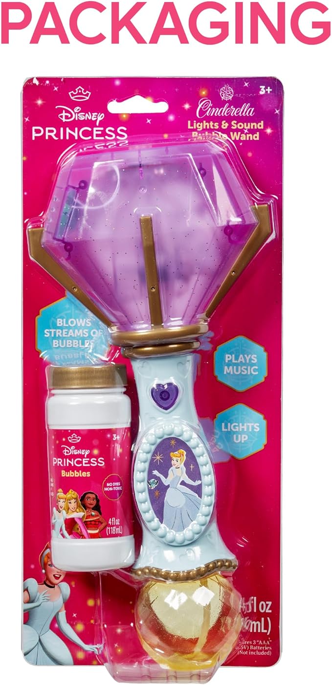 Little Kids Disney Princess Cinderella Light and Sound Musical Bubble Wand, Includes Bubble Solution