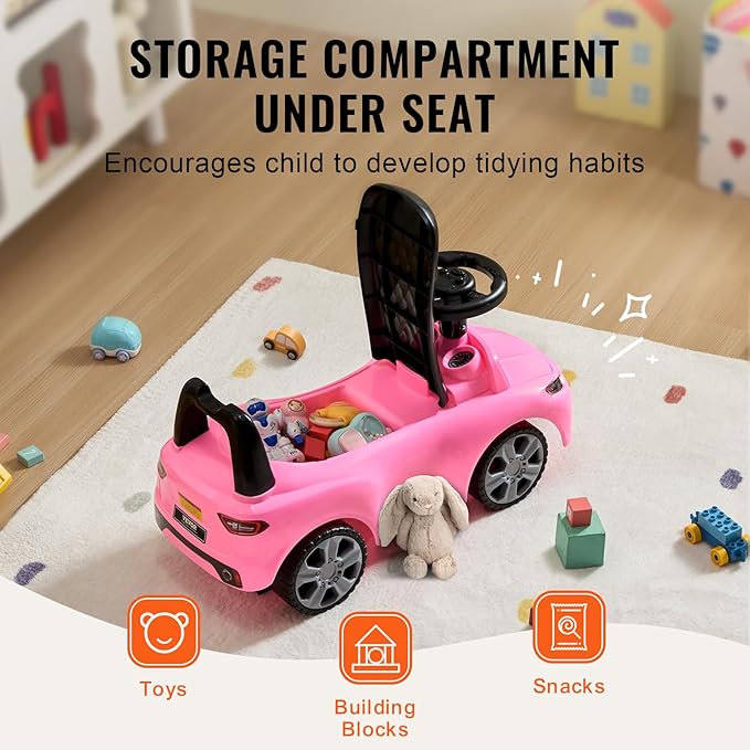 VEVOR Ride On Push Car for Toddlers, Ages 19+ Months, Ride Racer, Sit to Stand Toddler Ride On Toy, Kids Ride On Car with Music Steering, Horn & Under Seat Storage, Ride On Toy for Boys Girls, Pink