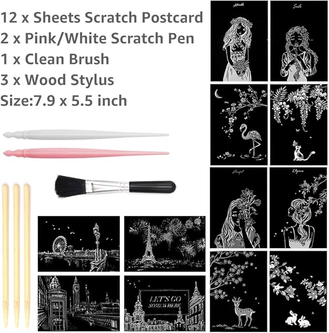 Magic Scratch Art Paper(7.9"x5.5"), Rainbow Landscape Engraving Art Mini Scratchboard Pads for Adults and Kids, Art & Crafts Set: 12 Sheets Scratch Postcard Cards & Drawing Pens, Brush (City Living)
