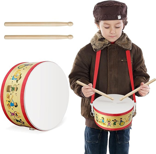 Kids Drum Set 7.87 in Wooden Toy Drum with Adjustable Strap 2 Drumsticks Educational Sensory Musical Instrument Set for Toddlers Kids Baby Toy Gift(Kids Style)