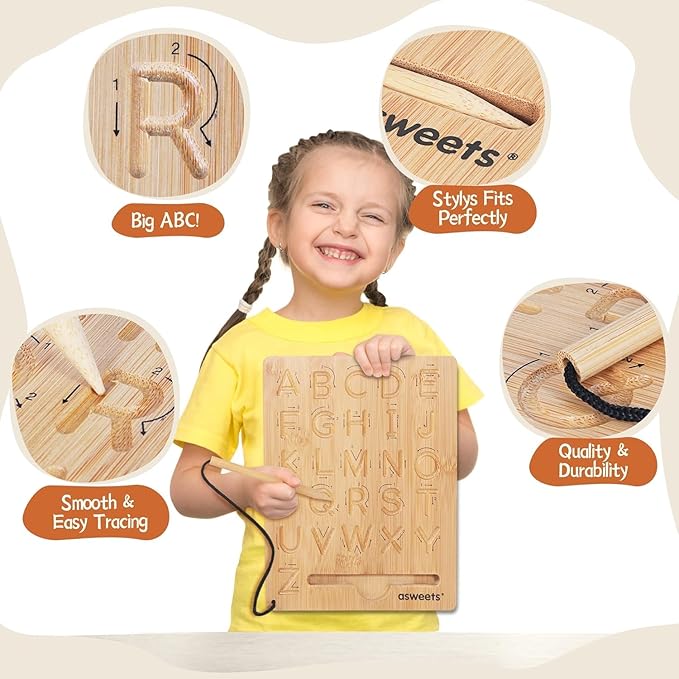 Asweets Montessori Wooden Alphabet Tracing Board, Wood Letter Practicing Board,Double-Sided Boards for Toddlers and Preschool Gifts for Kids(2 Piece)