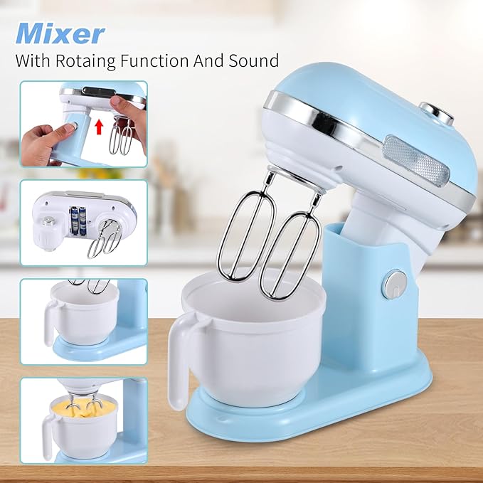 Kitchen Appliances Toys, Play Kitchen Accessories, Toy Kitchen Appliances for Kids, Pretend Kitchen Toys with Coffee Maker, Mixer and Toaster, Toy Kitchen Set Birthday Gift for Kids Ages 3+ (Blue)