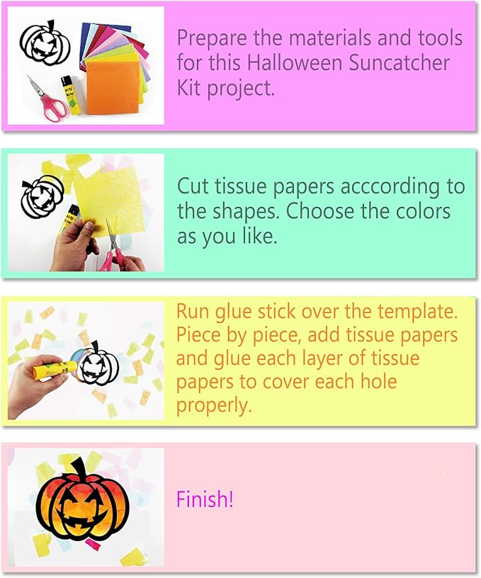 VHALE Suncatchers Craft 3 Sets (9 Cutouts) w Tissue Papers Stained Glass Effect Paper Sun Catcher Kit, Window Art, Classroom Crafts, Creative Art Projects, Kids Party Favors (Halloween)