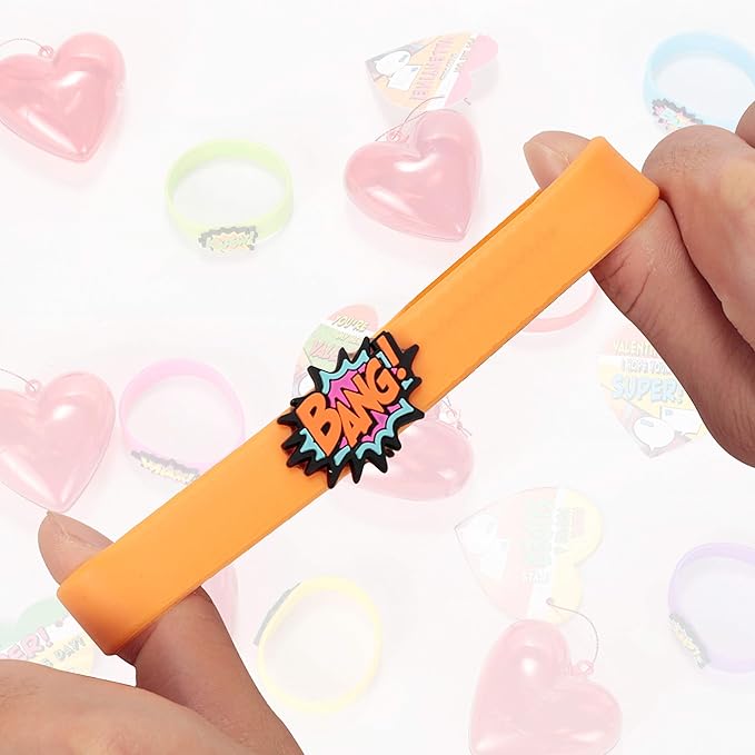 JOYIN 28 Pcs Valentines Day Prefilled Hearts with Cards Filled with Power Bracelets for Kids Classroom Exchange, Cute Valentine Party Favors, Gift Exchange, Game Prizes