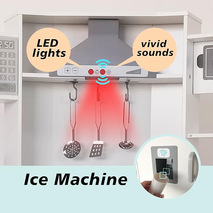 TaoHFE Corner Play Kitchen with Lights and Sounds White Kitchen Kids Toddler Kitchen Set with Washer Chalkboard Wooden Kitchen Kids Playset with Washing Machine Range Hood Girls Boys Gift for Ages 3+