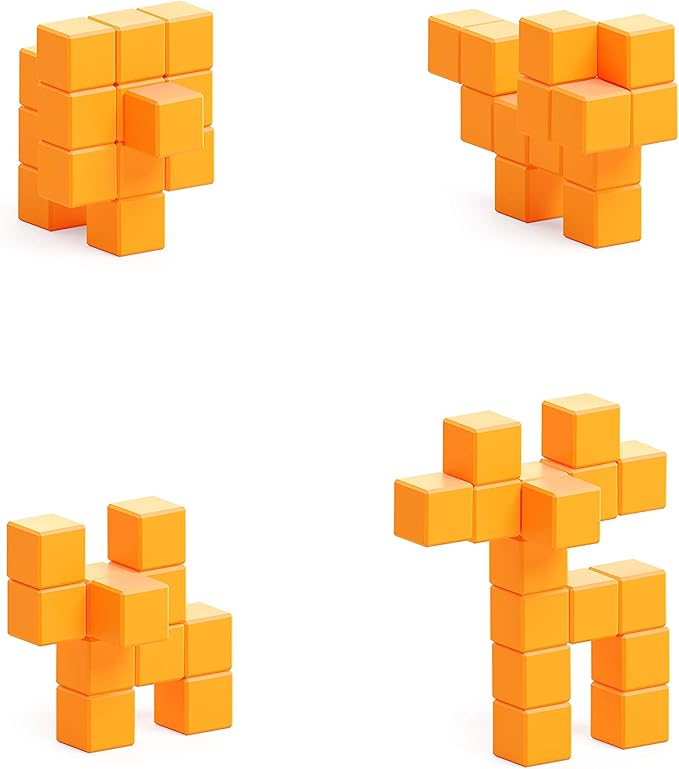 PIXIO-16 Orange Color Series Magnetic Blocks Building Set 16pcs with Free App, Stress Relief Building Blocks, Magnets for Kids, Pixel Art Desk Toy, Fidget Toys