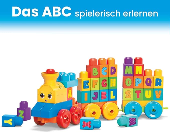 MEGA BLOKS First Builders Toddler Building Blocks Toy Set, ABC Musical Train with 50 Pieces, Music and Sounds, Ages 1+ Years