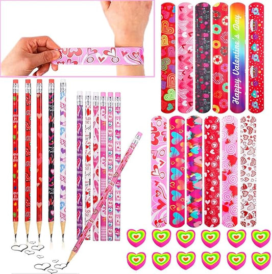 Valentines Day Gifts for Kids Classroom, Valentines Party Favors Stationery Set Includes 12 Pencils, 12 Heart Erasers,12 Slap Bracelets for Kid School Student Gift Exchange