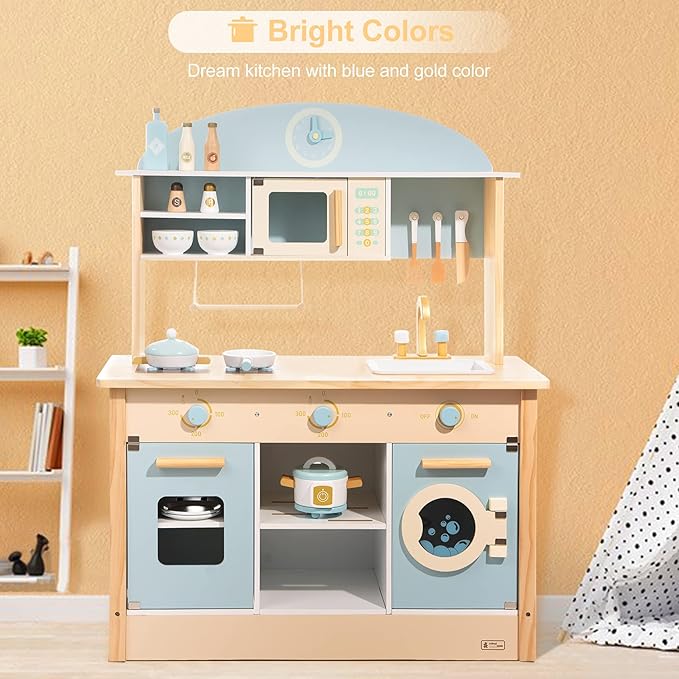 ROBUD Wooden Play Kitchen Set for Kids Toddlers, Toy Kitchen Gift for Boys Girls, Age 3+