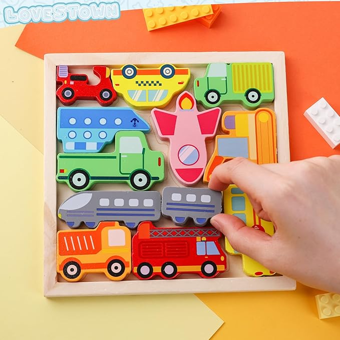 LovesTown 12PCS Stacking Puzzles, Wooden Chunky Jigsaw Puzzles Vehicle Educational Toy for Birthday