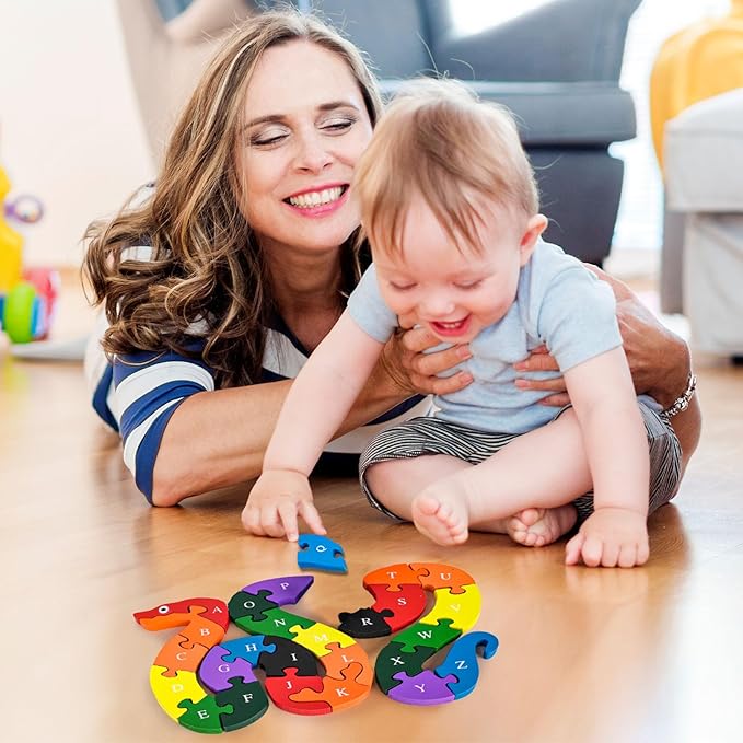 LOVESTOWN Alphabet Jigsaw Puzzle, Building Blocks Animal Wooden Puzzle, Wooden Snake Letters Numbers Block Toys for Kids Birthday Gifts