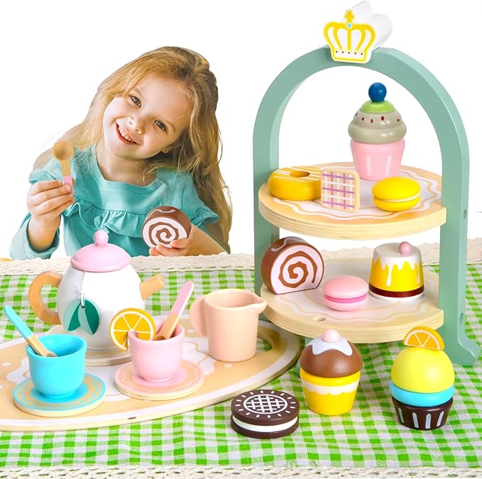 Wooden Tea Party Set, Toddler Tea Set for Little Girls 3-5 with Picnic Mat & Cupcake Stand & Play Kitchen Accessories, Wooden Toys for Toddlers 2 3 4 5 6 Years Old for Garden Picnics and Parties