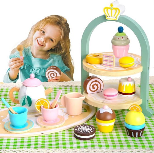 Wooden Tea Party Set, Toddler Tea Set for Little Girls 3-5 with Picnic Mat & Cupcake Stand & Play Kitchen Accessories, Wooden Toys for Toddlers 2 3 4 5 6 Years Old for Garden Picnics and Parties