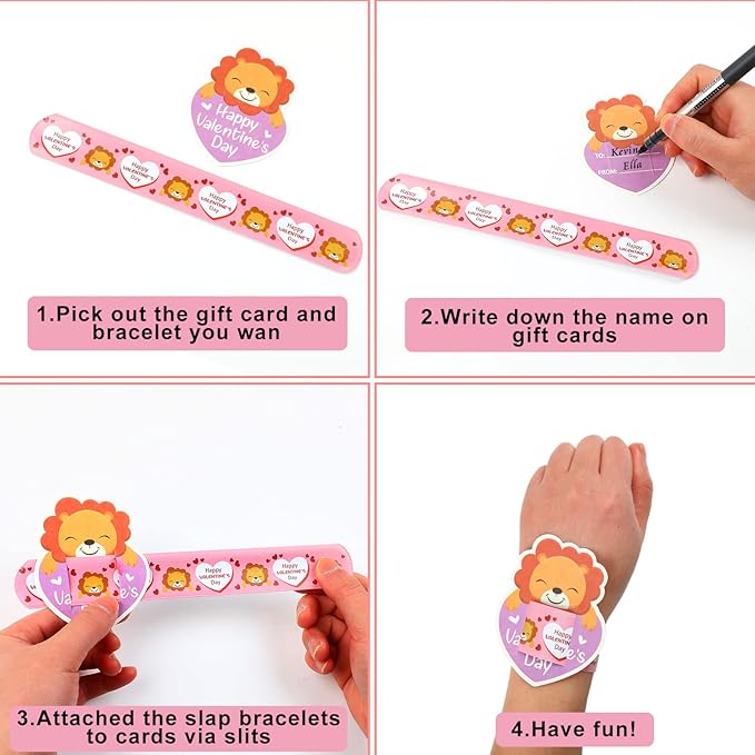 FOIMAS Valentine's Day Slap Bracelet Set,32pcs Animal Heart Snap Bracelet Wristband and 36pcs Gift Cards for Kids School Classroom Gift Exchange Party Favor Supply