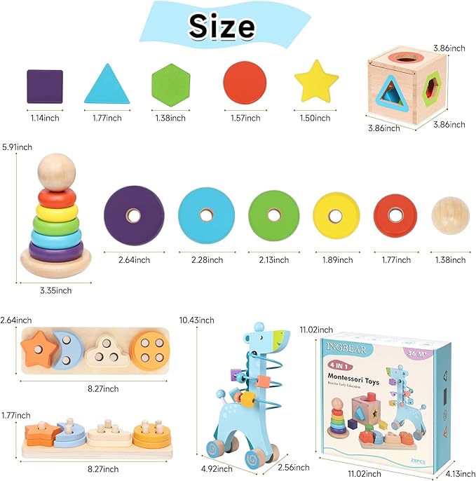 4-in-1 Wooden Montessori Toys for 1+ Year Old - Educational Sensory Toys for Toddlers Aged 1-3 - Baby Learning Toys for Boys and Girls, Christmas Birthday Gifts
