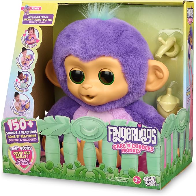 Fingerlings Care ‘n’ Cuddles Interactive Baby Monkey, Sunny (Purple), Toys for 3 Year Olds, 150+ Sounds and Reactions, Heart Lights Up