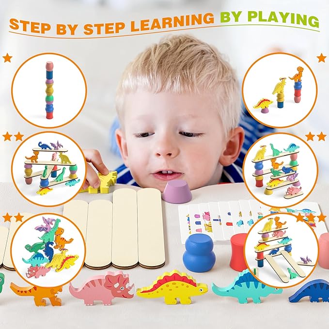 Montessori Dinosaur Toys for 1 2 3 4 Year Old Toddlers, Preschool Education Toys for Ages 2-4 Boys Girls Kids, Wooden Dinosaur Blocks Sorting & Stacking & Balance Toys, Educational Birthday Gift