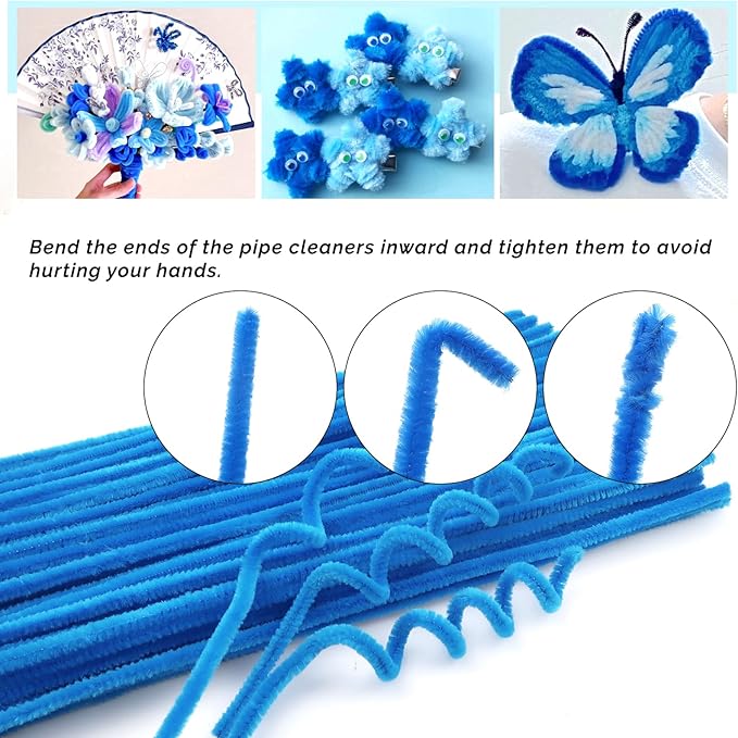 TOAOB 100pcs Pipe Cleaners Lake Blue Chenille Stems Craft Supplies 6mm x 12 Inch Fuzzy Sticks with 100pcs Googly Eyes for Art DIY Crafts Decorations