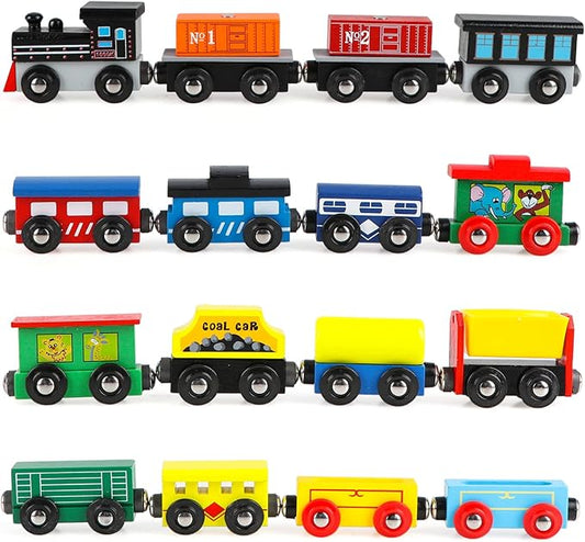 Wondertoys 16 Piece Magnetic Wooden Train Set for Toddlers - Includes Storage Bag and Track Accessories