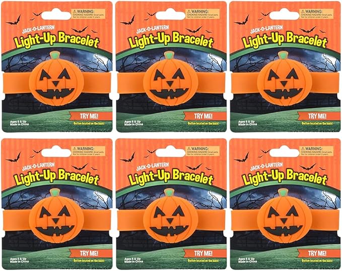 ArtCreativity Light Up Halloween Bracelets, Set of 6, Jack o Lantern Wristbands for Kids with 3 Light-Up Modes, LED Halloween Costume Accessories, Halloween Party Favors and Non-Candy Treats
