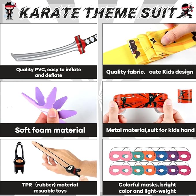 ZOIIWA 72Pcs Karate Party Favors Include Inflatable Sword Headbands Colorful Karate Party Decorations Karate Slap Bracelets Eye Mask Costume Accessories Gift Set for Kids Boys Girls Birthday Supplies