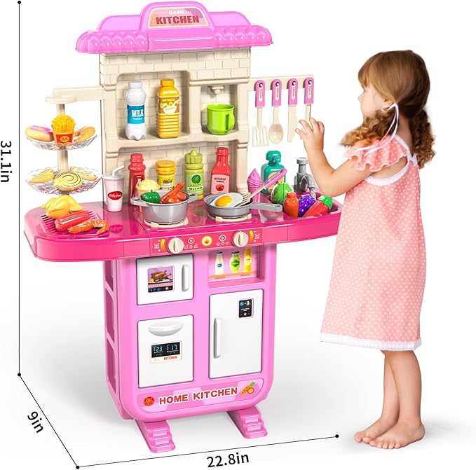Toddler Kids Kitchen Playset, Play Kitchen Set with Sounds and Lights for Toddlers Kids 3-5 6-8, Pretend Food Toy Kitchens Christmas Birthday Gifts for Toddlers Kids 3 4 5 6 7 8 Years Old