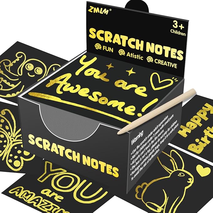 ZMLM Rainbow Scratch Art Paper Mini Note for Kids Gifts Ages 4-8 Bulk Craft Supplies for Teen Girls Boys Easter Basket Stuffers Birthday Classroom Party Games Toy Valentines Day Gift(Gold)