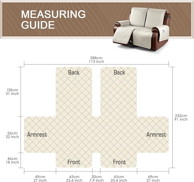 KinCam Waterproof Loveseat Recliner Cover, Non-Slip Reclining Couch Covers for 2 Seat, Recliner Sofa Cover Furniture Protector with Elastic Straps for Kids, Pets, Ivory