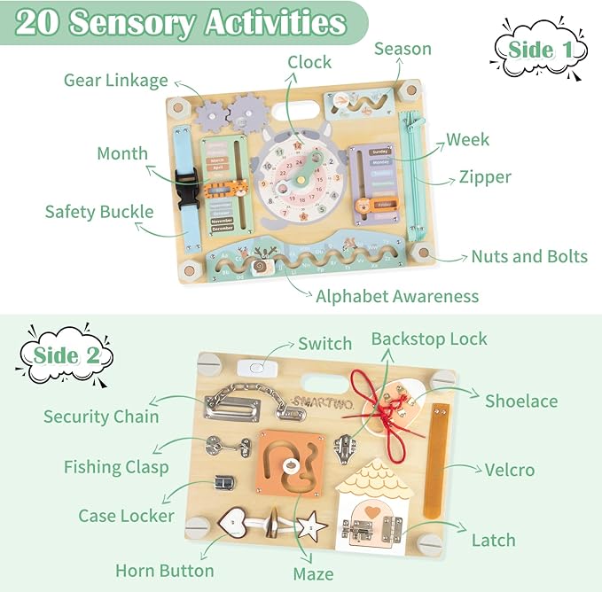 Double-Sided Wooden Busy Board for Toddlers, Sensory Activity Board, Montessori Travel Toy for Kids Age 2-5, Educational Toy for Autism, Ideal Choice for Baby Girls or Boys Birthday