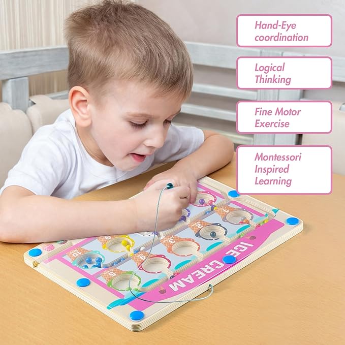 Montessori Toys for 3+ Year Old, Ice Cream Magnetic Color and Number Maze, Wooden Puzzle Activity Board, Learning Educational Toy for Toddler 3 4 5, Toys Idea Christmas Boy Girl