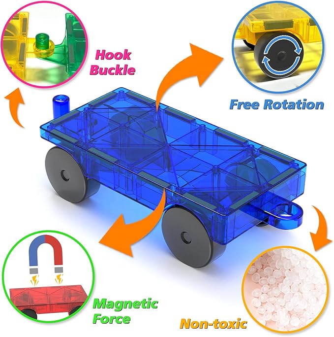 Magnetic Tiles Cars Construction Set, 4 PCS Magnetic Cars Magnetic Building Blocks Cars Toy for Kids Ages 4-8 3-5 Magnet Bricks Truck Kit Educational Sensory Toys Gifts for 3+ Year Old Boys & Girls