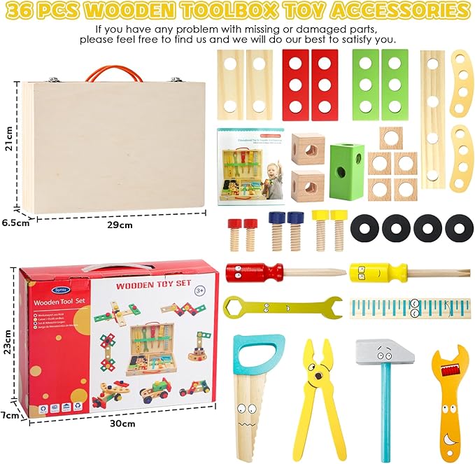 TONZE Kids Tool Set Wooden Toddler Tools Montessori Toys for 3 4 Year Olds, 34 PCS Educational STEM Construction Toys Pretend Play Toddler Tool Set Birthday Gift for Age 3-4 Boys & Girls