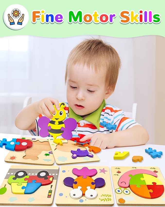 Yetonamr Wooden Toddler Puzzles Gifts Toys for 1 2 3 Years Old Boys Girls, 12 Vehicle Shape Montessori Toys Educational Blocks Kids Toys Gift Baby Learning Toy Age 1-3, 2-4